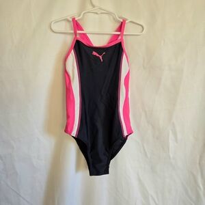 Puma Girls Neon Pink Navy Blue Colorblock Crossback One Piece Swimsuit 6 New‎